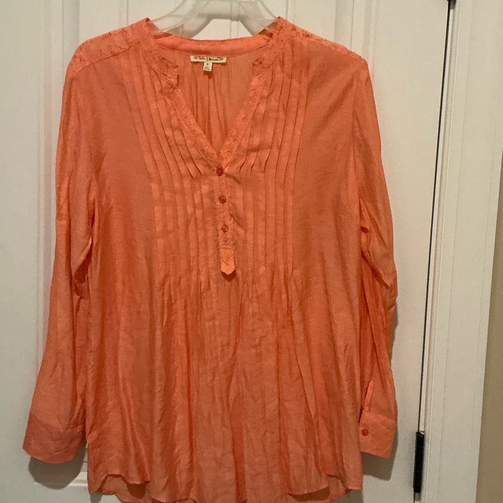 Orange Pleated Mandarin Collar Blouse